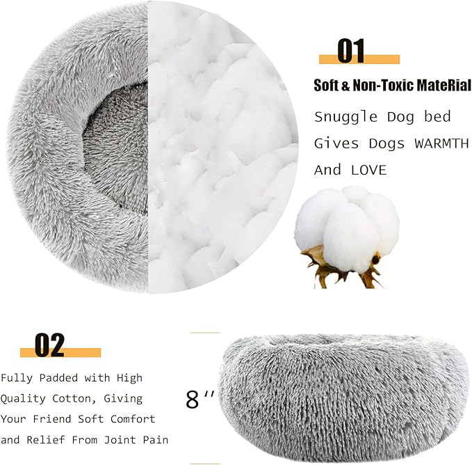 Dog Calming Beds for Small Medium Dogs - Round Donut Washable Dog Bed, Anti-Slip Faux Fur Fluffy Donut Cuddler Anxiety Cat Bed(Light Grey 28")