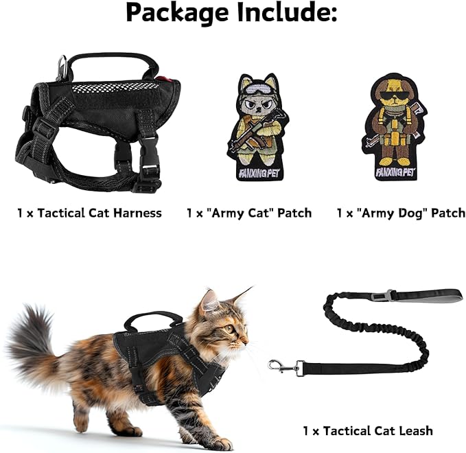 Cat Harness and Leash Set for Walking Escape Proof Adjustable Reflective Large Cat Tactical Harness with Patches Breathable Summer Vest Soft Mesh Padding Handle Easy to Control (Black, S)