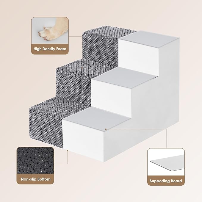 EHEYCIGA Dog Stairs Ramp for Small Dogs 13.5" H, 3-Step Dog Steps for Couch Sofa and Chair, Pet Steps for Small Cats, Non-Slip Balanced Pet Ramp Indoor, Grey