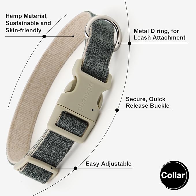 Plutus Pet Cotton Hemp Dog Collar and Leash Set, Adjustable Collar for Small, Medium, and Large Dogs, Heavy Duty and Soft on Skin, Gray, XL