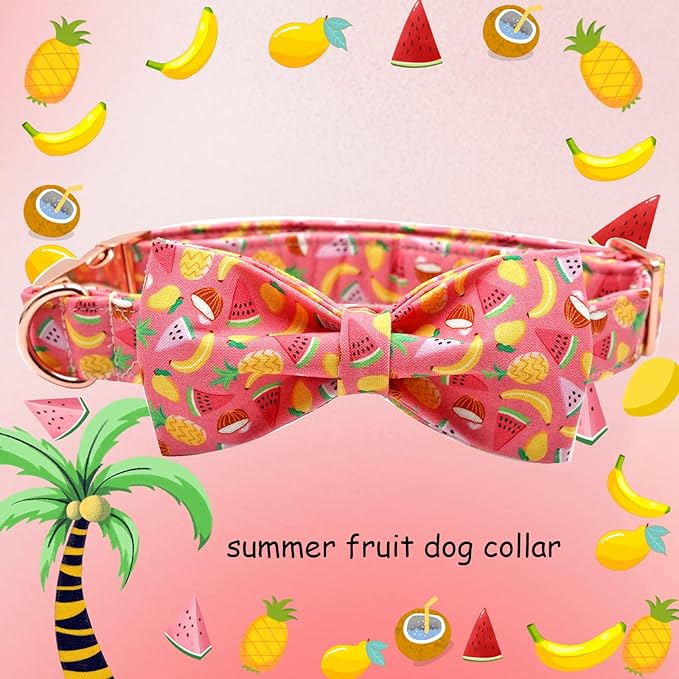 Dog Collar, Summer Fruit Print Adjustable Dog Bow Collar Girl or Boy Pet Collar Bowtie Duarble Pet Collars for Small Medium Large Dog
