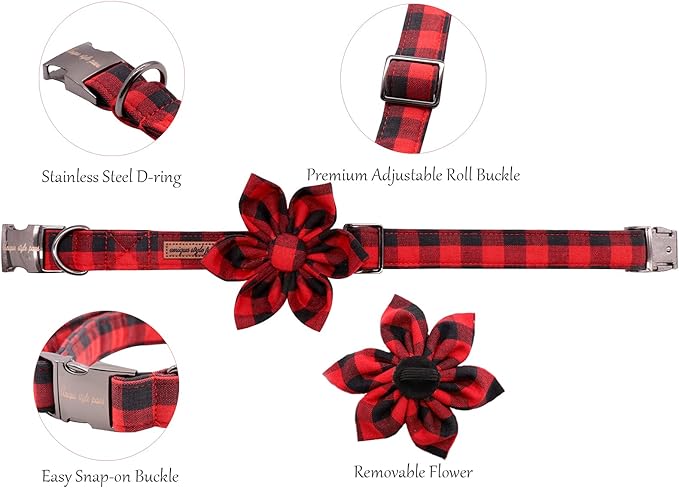 Uniqe Style Paws Christmas Grid Dog Collar, Female or Male Adjustable Dog Collar with Flower, Durable Floral Pattern Pet Collar for Small Dogs and Cats