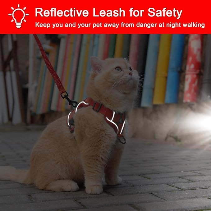 Cat Harness and Leash Set Escape Proof, Adjustable Vest with Lead for Large Cat Small Dog Puppy Walking, Soft Jacket Reflective Strips,L Red