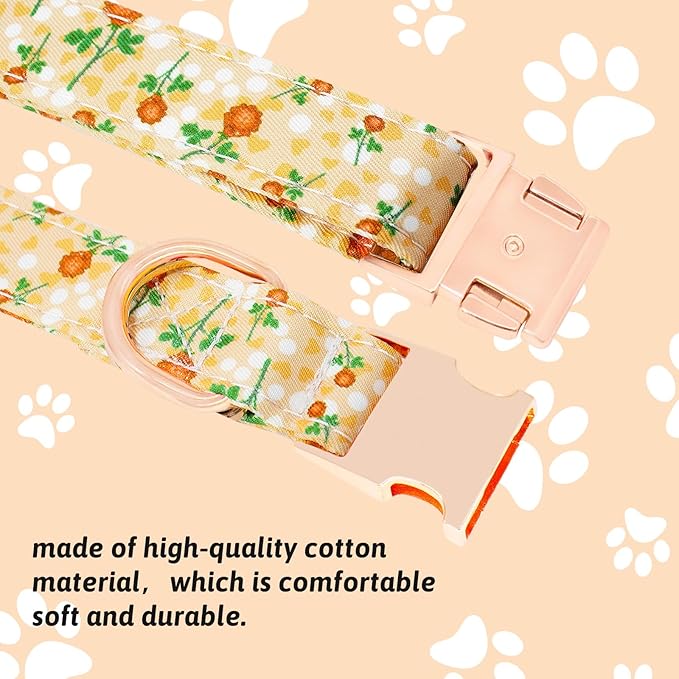 Dog Collar and Leash Set Girls Adjustable Puppy Collars with Floral Bow Tie for Small Medium Large Female Dogs, YellowFlower, L