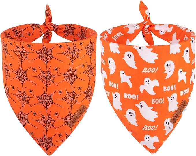 ADOGGYGO Halloween Dog Bandana, Spider Web Ghost Pet Scarf, Premium Durable Fabric, Orange Halloween Bandanas for Medium Large Dogs Pets (Large)