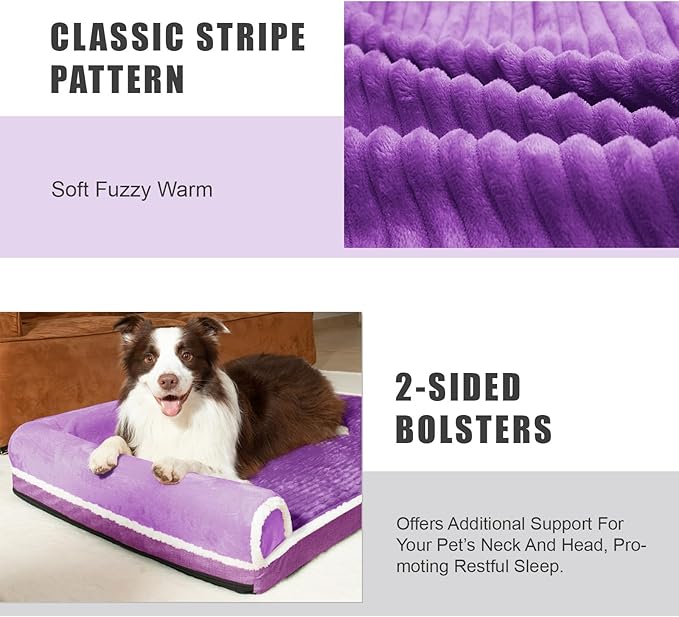 Patas Lague Orthopedic XL Dog Bed for Large Dogs 42''X28'', Waterproof Comfortable L Shaped Big Large Non-Slip Soft Warm Pet Sofa Sleep Bed mat with Removable Washable Cover, Purple