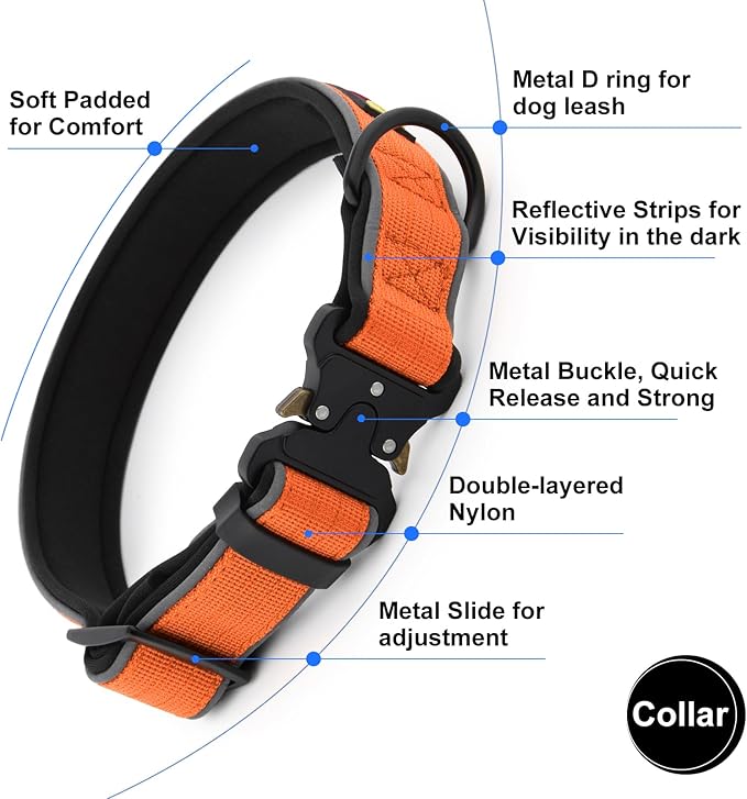 Plutus Pet Tactical Dog Collar, Reflective, Adjustable Heavy Duty Dog Collar, Soft Padded and Comfortable, for Small Medium and Large Dogs (Orange, M)