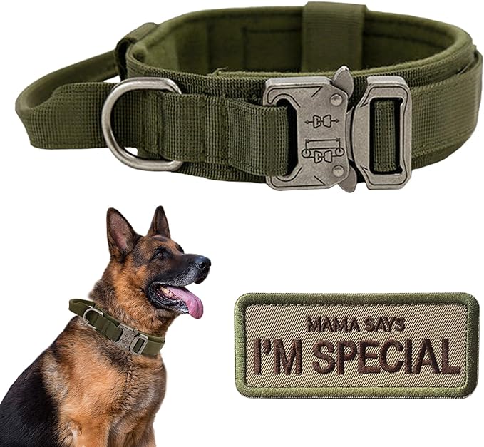 Tactical Dog Collar with Handle - Military Adjustable Dog Training Collar Soft Nylon and Heavy Duty Metal Buckle for Medium Large Dogs - with Patch (Green, X-Large)