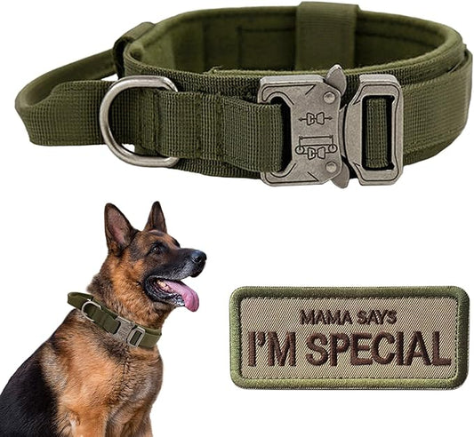 Tactical Dog Collar with Handle - Military Adjustable Dog Training Collar Soft Nylon and Heavy Duty Metal Buckle for Medium Large Dogs - with Patch (Green, Large)