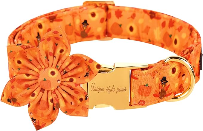 Unique style paws Halloween& Dog Collar with Flower Tie Pumpkin Cotton Collar Adjustable Puppy Collar Best Thanksgiving Gift for Small Medium Large Dogs-Turkey & Pumpkin Theme-XS