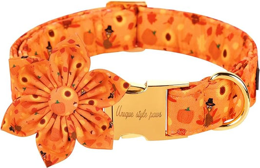 Unique style paws Halloween& Dog Collar with Flower Tie Pumpkin Cotton Collar Adjustable Puppy Collar Best Thanksgiving Gift for Small Medium Large Dogs-Turkey & Pumpkin Theme-L