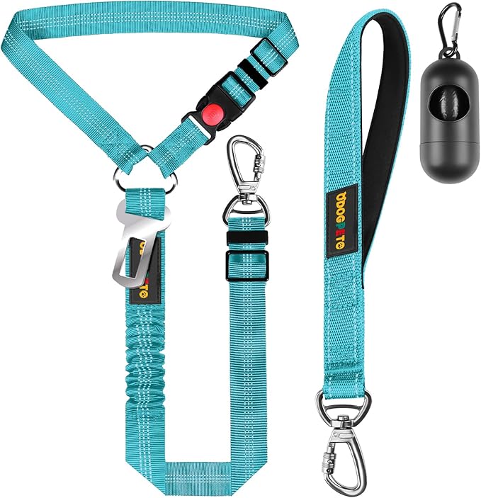 Dog Seat Belt Harness for Car, Dog Car Leash with Car Headrest & Buckle, Reflective Short Dog Leash, Pet 15 Inch Heavy Duty Leash for Dogs with Padded Handle & Locking Carabiner Clip, Sky Blue