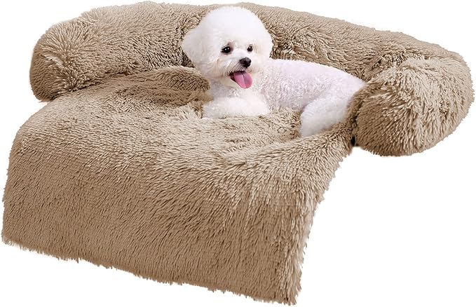 HACHIKITTY Calming Pet Sofa Bed Mat, Washable Plush Couch Cover, Furniture Protector for Dogs and Cats, Fluffy Dog Couch Bed with Anti-Slip Bottom (30"x 27"x 6", Camel)