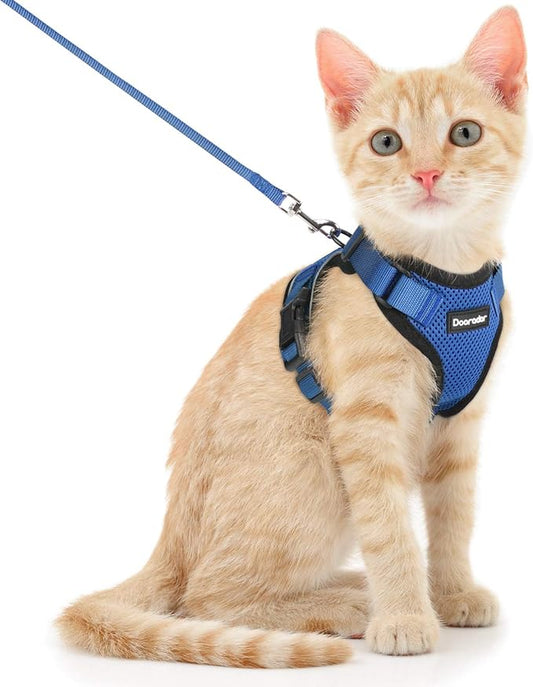 Dooradar Cat Harness and Leash Set, Escape Proof Safe Adjustable Kitten Vest Harnesses for Walking, Easy Control Soft Breathable Mesh Jacket with Reflective Strips for Cats, Blue, S