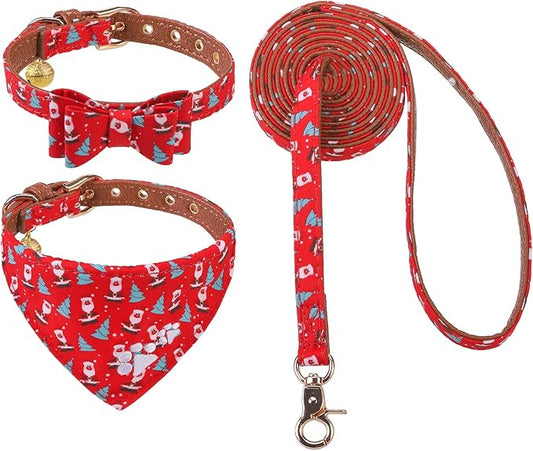 EXPAWLORER Christmas Collar and Leash Set - Embroidery Pawprints With Bow Tie, Bandana, Bell for Dogs Cats Outdoor Walking, Red S