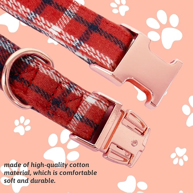 Dog Collar and Leash Set Girls Adjustable Puppy Collars with Plaid Bow Tie for Small Medium Large Female Dogs, Red Plaid, L