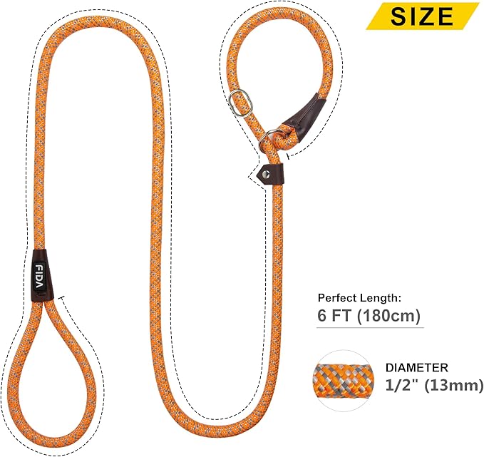 Fida Durable Slip Loop Lead for Large, Medium Dogs, 6 FT x 1/2" Heavy Duty, Comfortable Strong Rope, No Pull Pet Training Leash with Highly Reflective, Orange