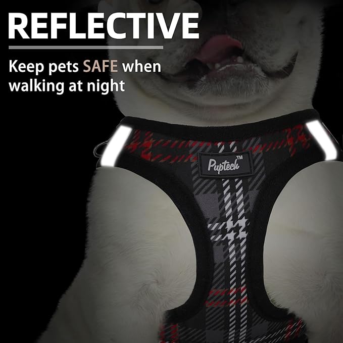 PUPTECK Dog Harness and Leash Set for Small Medium Dogs No Pull Step-in Soft Mesh Puppy Cat Vest Harnesses Reflective at Night, Plaid Pattern Black L