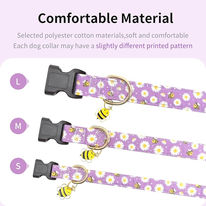 Cotton Dog Collar,Soft and Cute Puppy Collars with Bee Patterned Design for Girl Female Boy Dogs,Adjustable Buckle Pet Collar for Small Medium Large Dogs (Purple Bee, S)