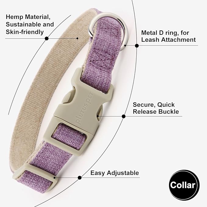 Plutus Pet Cotton Hemp Dog Collar and Leash Set, Adjustable Collar for Small, Medium, and Large Dogs, Heavy Duty and Soft on Skin, Lavender, XL