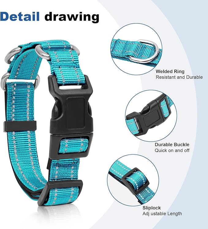 Reflective Martingale Dog Collars. Dog Collar with Quick Release Buckle. Adjustable Soft Padded Breathable Nylon Pet Collar Suitable for Puppies for Small Medium Large Dogs.