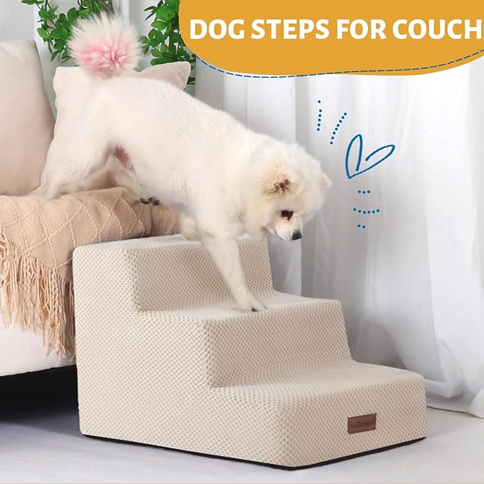 Dog Stairs for Small Dogs & Cats, 3-Step Non-Slip Pet Steps for Couch Sofa and Chair, Beige, 13.6" H