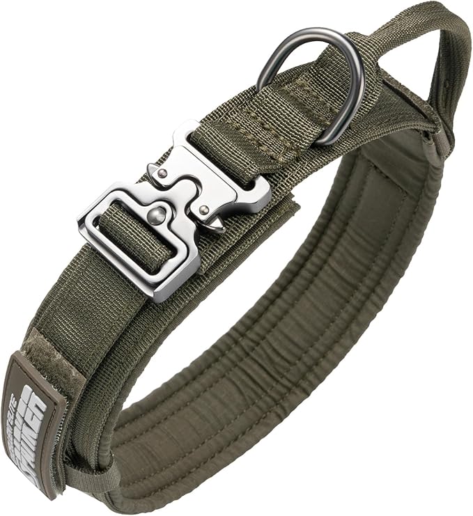 EXCELLENT ELITE SPANKER Tactical Dog Collar Nylon Adjustable Training Collar Military Dog Collar Heavy Duty Metal Buckle with Control Handle for Medium and Large Dogs with Patches(Ranger Green-XL)
