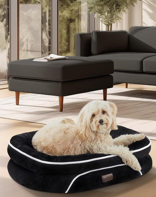OhGeni Orthopedic Dog Couch Medium Sized Pet Beds for Fathers Gifts with Comfort Foam Support, Soft Indestructible Fabric, Machine Washable Waterproof Removable Cover, 28-Inch (Black)