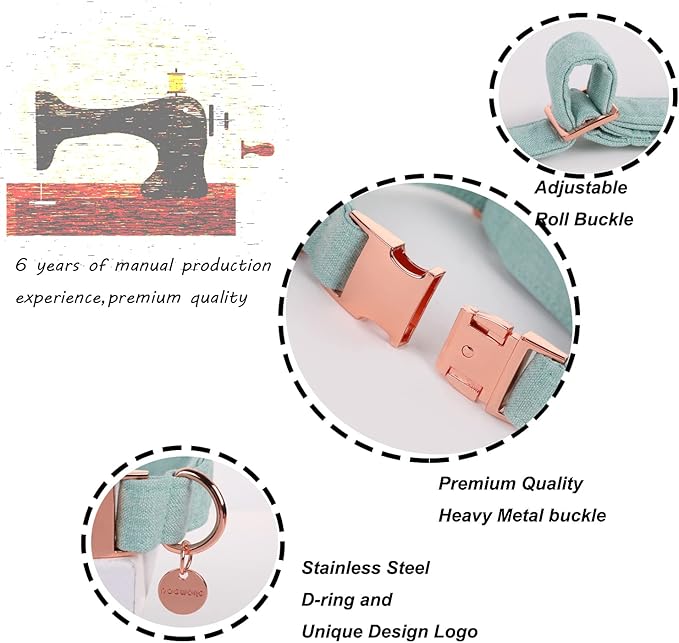 DOGWONG Cotton Dog Collar with Bow Green Pet Collar Durable Adjustable Puppy Collar for Small Medium Large Dogs