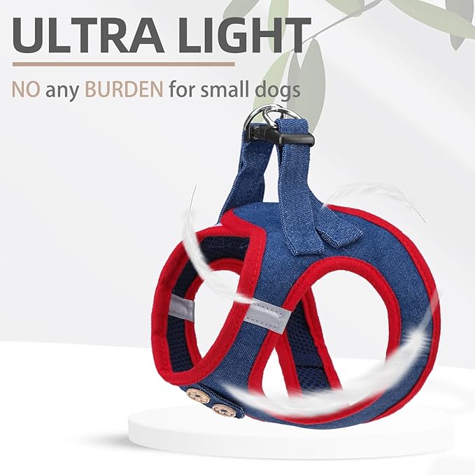 PUPTECK Dog Harness and Leash Set for Small Medium Dogs No Pull Step-in Soft Mesh Puppy Cat Vest Harnesses Reflective at Night, Denim NavyBlue L