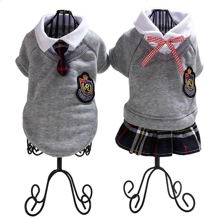 Pet Uniform School Skirts Sailor Costume Dog Campus Clothes Teddy Cute Bowtie Adorable Puppy Apparel (Medium,Gray Shirt)