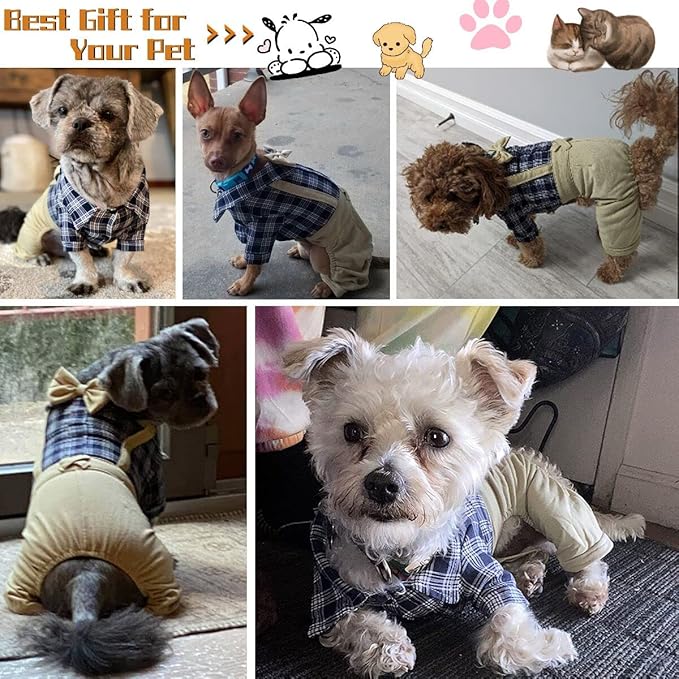 Pet Clothes Dog Shirts Classic Plaid Striped Overall Jumpsuit, Gentle Puppy Wedding Birthday Western Onesies Apparel, Fashion Daily Outfit with Bowtie for Dogs and Cats (Large, Khaki)