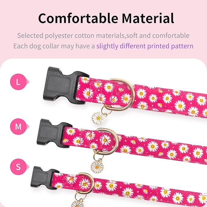 Cotton Dog Collar,Soft and Cute Puppy Collars with Flower Patterned Design for Girl Female Boy Dogs,Adjustable Buckle Pet Collar for Small Medium Large Dogs (Rose Red Flower, S)