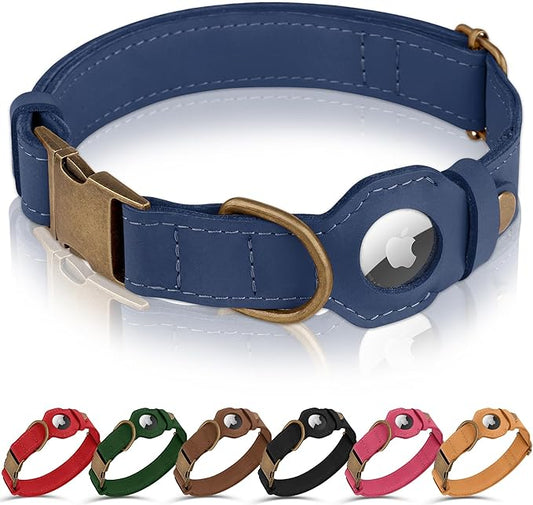 AirTag Dog Collar - Genuine Leather Dog Collar with Apple AirTag Holder and Metal Buckle - Smart GPS Tracking Pet Collars for Small Medium Large Dogs Puppy (Smoky Blue, XL, 20"-25" Neck Fit)