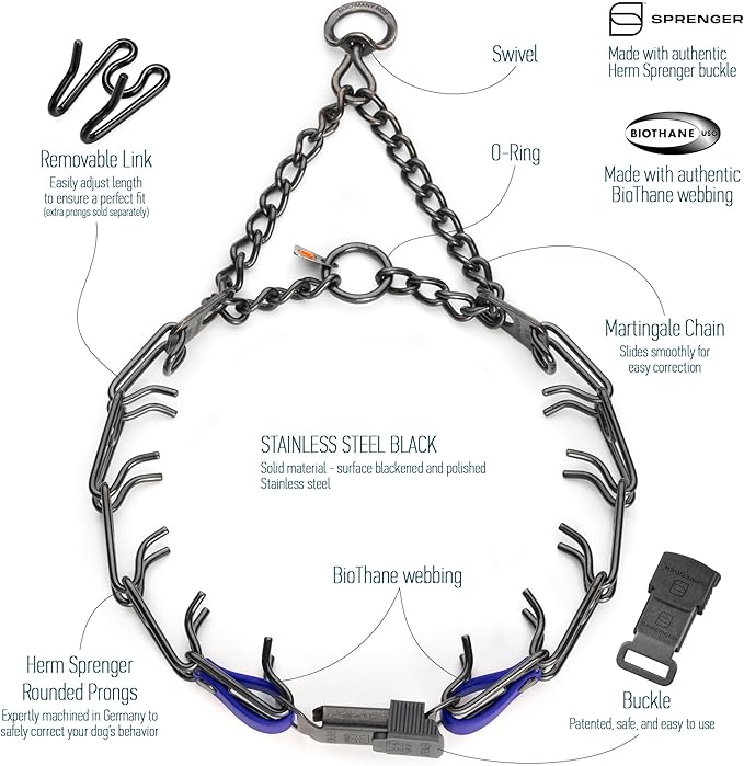Herm Sprenger Black Stainless Steel Dog Collar with Quick Release ClicLock Buckle and Biothane Insert Training Collar Made in Germany (Blueberry Royal, 23in x 3.2mm(Neck Size up to19-20in))