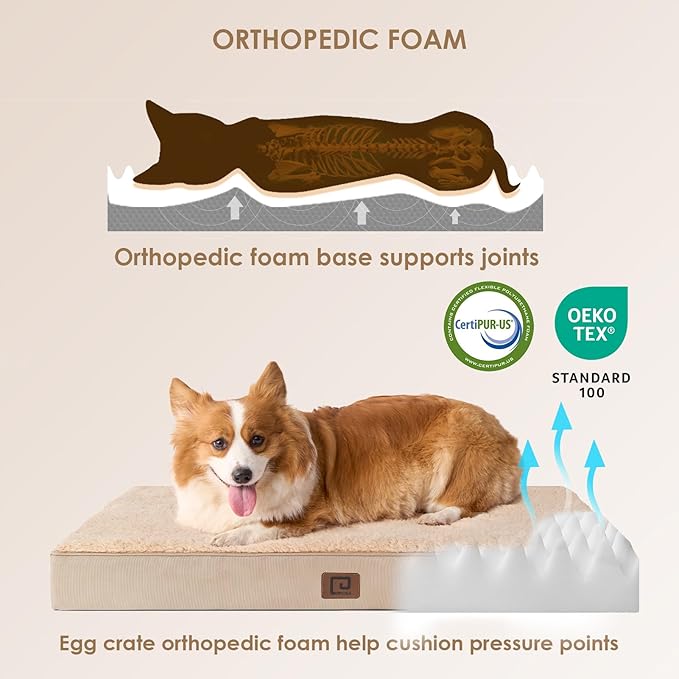 EHEYCIGA Orthopedic Dog Beds for Large Dogs with Removable Washable Cover for Crate, Khaki, 35x23
