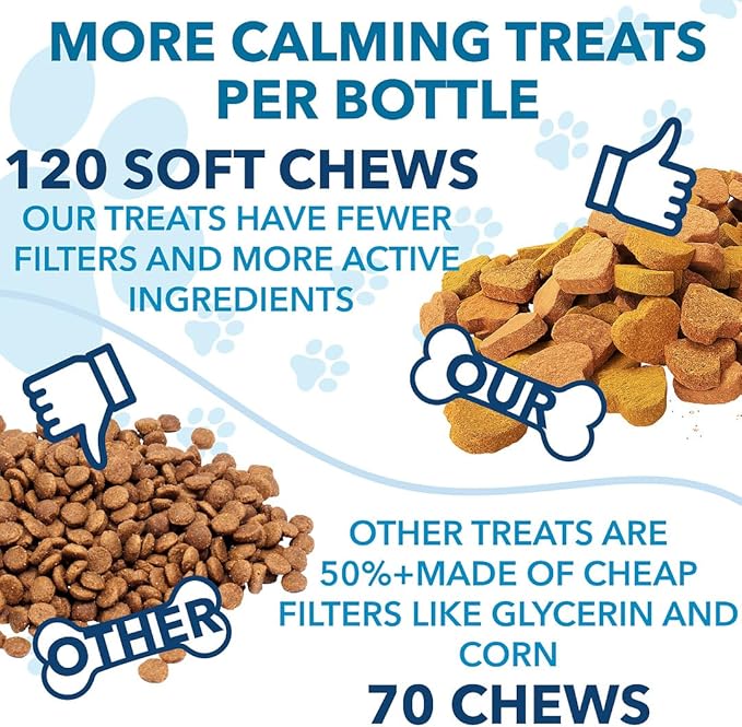 Hemp Calming Chews for Dogs with Anxiety and Stress - Anxiety Relief Chews for Storms, Fireworks, Thunder, Barking, Separation - Valerian, L-Tryptophan, Hemp Oil - Chicken - 120 Dog Calming Treats