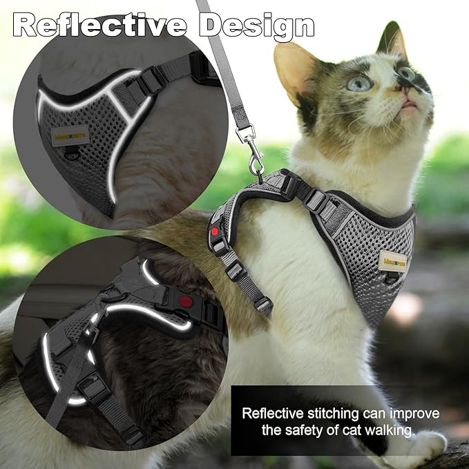 Cat Harness and Leash for Walking, Retractable Cat Harnesses and Leash Set Escape Proof, Breathable Soft Kitten Small Large Harness for Travel Training and Walking, Grey, M