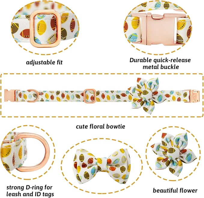 Dog Collar and Leash Set Girls Adjustable Puppy Collars with Floral Bow Tie for Small Medium Large Female Dogs, Rugby, XS