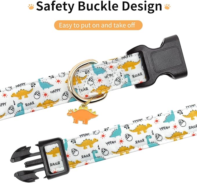 Cotton Dog Collar,Adjustable Cute Puppy Collar with Moon Patterned Design for Small Medium Large Dogs,Soft and Fancy Pet Collar with Safety Buckle for Girl Boy Dogs (Yellow Dinosaur, Medium)