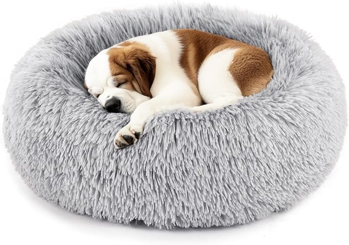 DUMOS Calming Donut Cat & Dog Bed for Medium Dogs, Machine Washable Cuddle Warming Cozy Fluffy Faux Fur Plush Round Dog Bed, Anti-Anxiety Waterproof Anti-Slip Pet Bed, Grey, 24×24×8 Inches