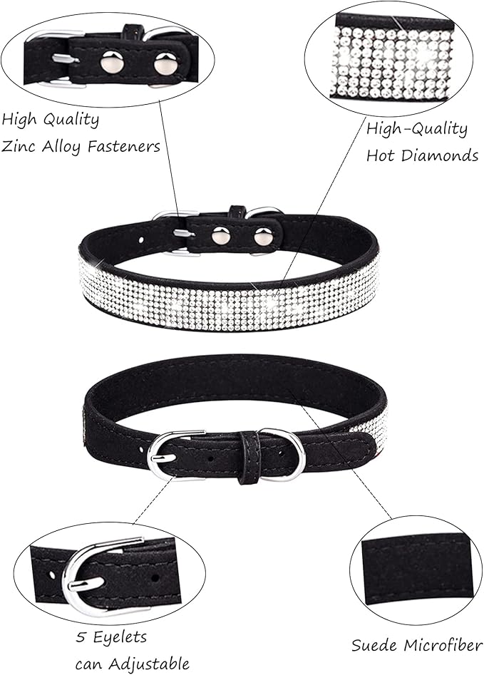 Dog Collar for Small Dogs, Adjustable Leather Suede Bling Dog Collars，Black Dog Collar Cat Collar, Rhinestone Dog Collar (XS, Black)