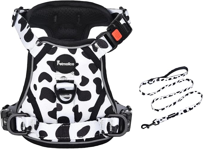 Petmolico No Pull Dog Harness and Leash Set, No Choke 4 Leash Attchments Easy Control Handle Soft Padded Reflective Vest Dog Harness for Small Dog Breed, Cow Pattern Small