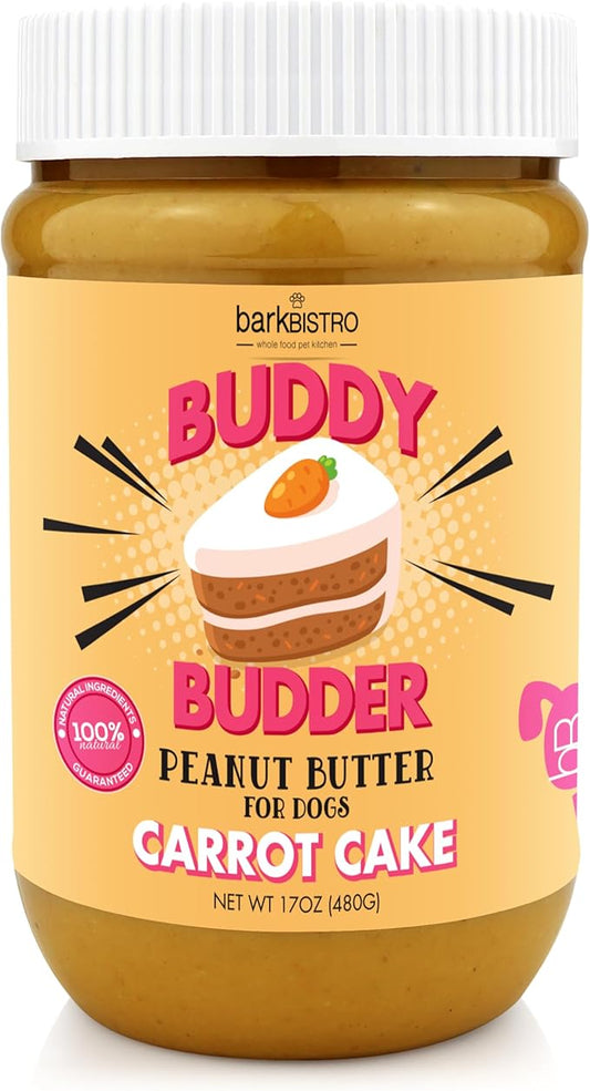 BUDDY BUDDER Carrot Cake, 100% Natural Healthy Peanut Butter Dog Treats, Stuff in Toy, Dog Pill Pocket, Made in USA, (17 oz Jars)