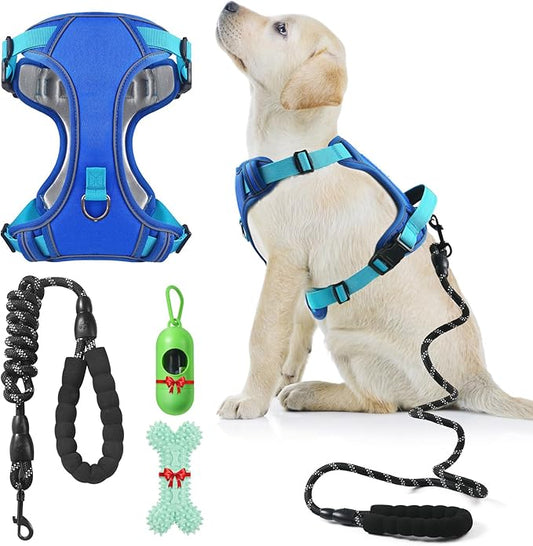 Dog Harness Adjustable Reflective Easy Control for Medium/Large Dog Harness with A Free Heavy Duty 5ft Dog Leash (XL (Neck: 23.6"-31", Chest: 26.7"-36.6") (Blue, Extra Large)