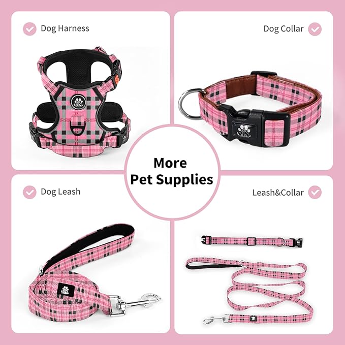 NESTROAD Dog Collar and Leash Set,Durable Leather Pet Collar with Quick Release Buckle,Adjustable Nylon Dog Collars for Small Medium Large Dogs(Large Collar+ 5FT Leash,Cherecked Pink)