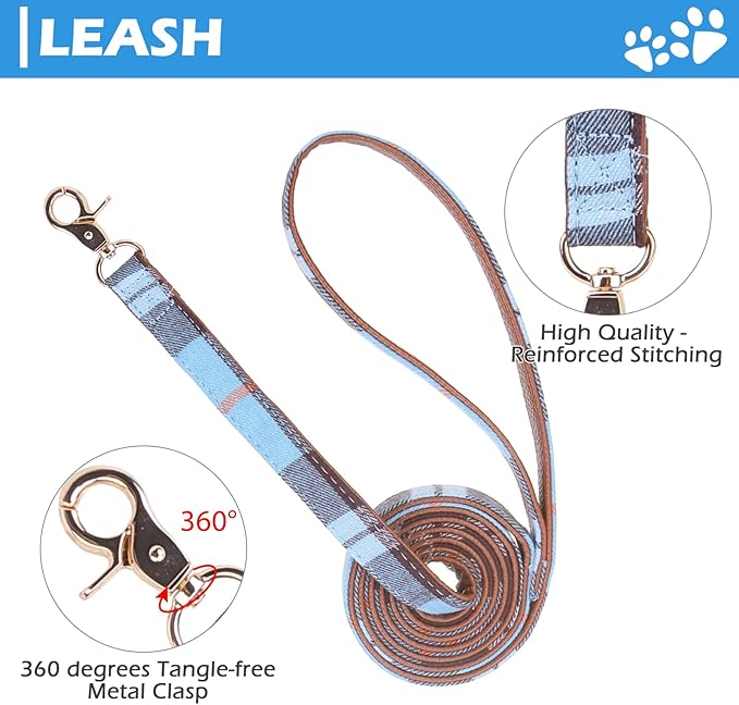 EXPAWLORER Puppy Collar and Leash Set - Plaid Dog Collar with Bell, Adjustable for Small Dogs Cats, SkyBlue X-Small