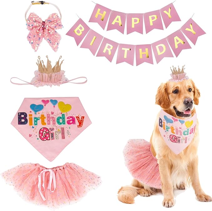ADOGGYGO Dog Birthday Hat Bandana Girl - Pet Birthday Party Supplies - Pink Tutu Hat Scarf Bow Banner Set for X-Large Dogs (X-Large)