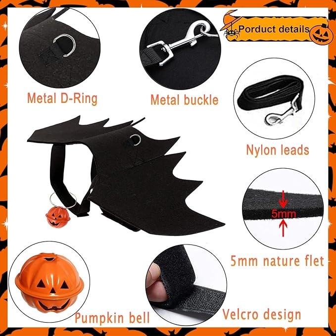 Dog Bat Wings Costume Halloween Pet Costume 3PCS Funny Cat Dog Wings with Leash Pumpkin Jingle Bell Cosplay Bat Clothes for Small Medium Large Dogs Puppy Holiday Outfit Dress (Bat Wings, Large)