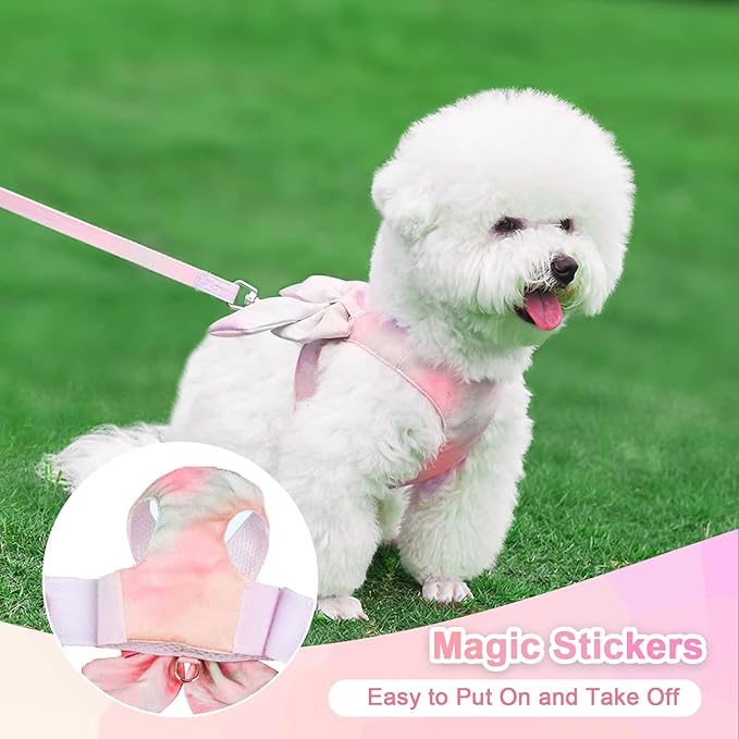 PETCARE Cute Bow Tie Dog Harness and Leash Set Elegant Rainbow Gradient Puppy Harness No Pull Soft Mesh Pet Cat Dog Vest Harnesses for Small Dogs Cats, Pink